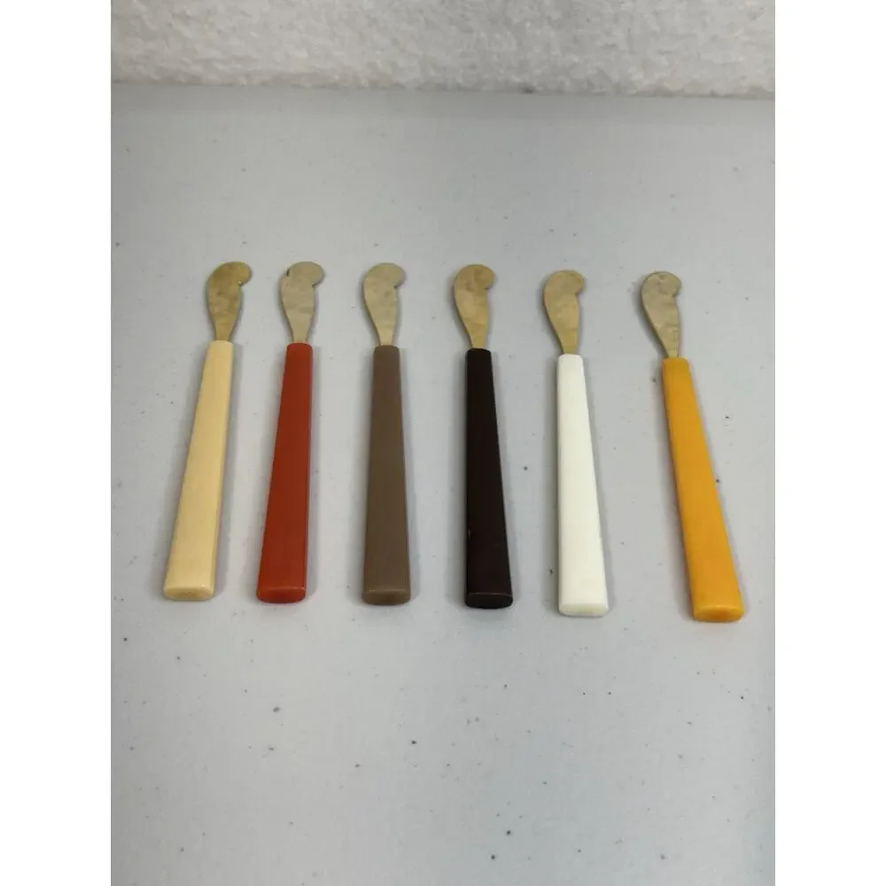 6 MCM Lucite Utensil Cheese Spreaders Bakelite Handles Gold Tone Stainless Steel